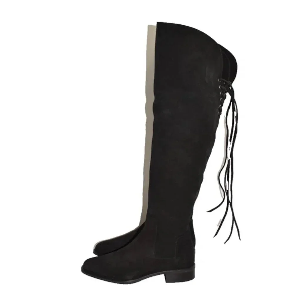 $750 AQUATALIA NICKI BLACK SUEDE WEATHERPROF OVER THE KNEE BOOT LACE 6.5 (MG16.5